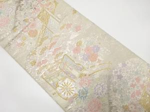 アンティーク 服部織物製 御所車に松・梅・草花模様織り出し袋帯(材料)